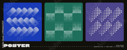 Poster pattern abstract with geometry dither layout and shape design geometric. Cover modern brutal with figure dot gradient and rhythm round distortion. Brutalist aesthetic flyer.
