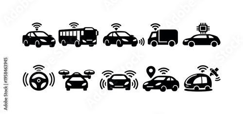 Collection of icons representing smart transportation and autonomous vehicles