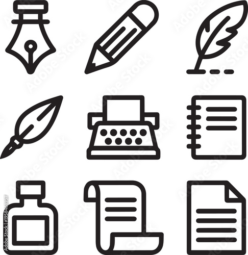 need Set of Silhouette outline icons related to write. Linear icon collection. Editable stroke. Vector illustration no Background