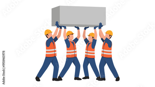 Constructive Team Effort: A team of construction workers working in synergy to lift a heavy block, symbolizing collaboration and physical exertion in the workplace. 