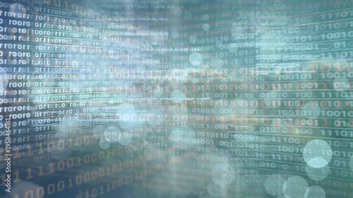 Animation of binary coding and data processing over blue eye