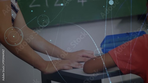 Animation of network of connections over schoolboy writing