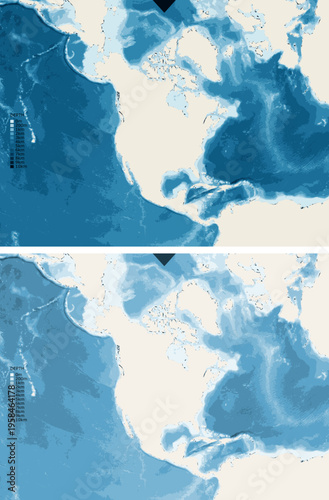 North America Lambert Bathymetric Ocean Depth Map - Lambert Conformal Conic Projection - Scalable Multi-Color Seafloor Relief Topography with Depth Legend Showing Continental Shelves Mid-Ocean Ridges