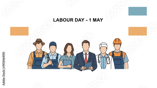 Labor Day Celebration: A diverse group of people from various professions standing together, a harmonious representation of laborers, commemorating Labor Day.