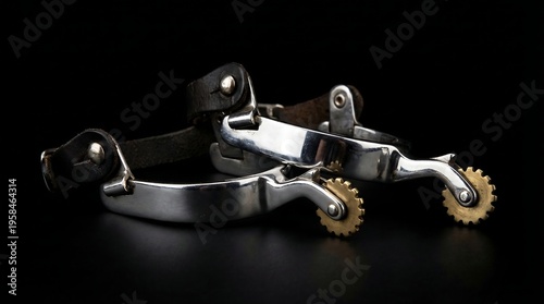 Cowboy Gear: Metal Riding Spurs on Black Background