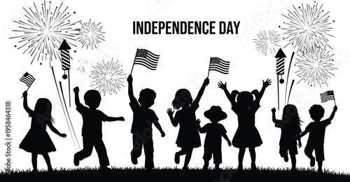 Independence day celebration silhouette with fireworks and american flags