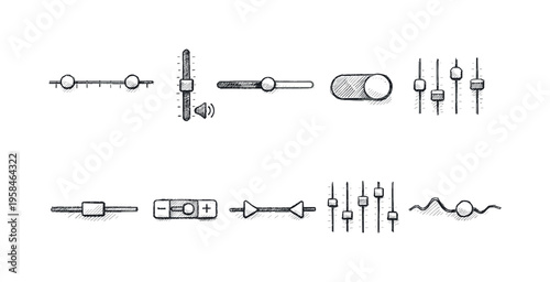 Hand-drawn collection of various control sliders and switches for audio and digital interfaces