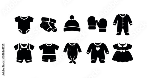Collection of black baby clothing icons on a white background