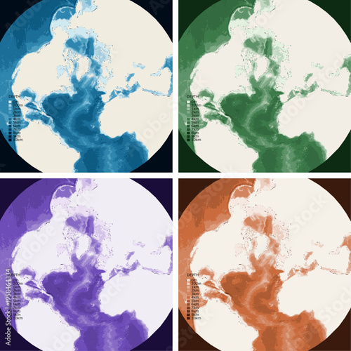 North Atlantic Oblique Bathymetric Ocean Depth Map - Stereographic Projection - Scalable Multi-Color Seafloor Relief Topography with Depth Legend Showing Continental Shelves Mid-Ocean Ridges and
