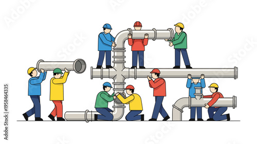 Construction Harmony: A cohesive team of construction workers diligently assembles the plumbing infrastructure, symbolizing collaboration and precision in the construction industry.