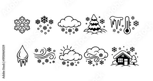 Collection of winter weather icons including snowflakes, snow, and a house