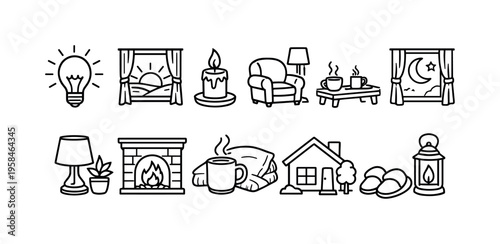 Cozy home icons depicting comfort, warmth, and relaxation in a simple line art style