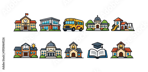 Collection of diverse school buildings and educational icons in a flat cartoon style
