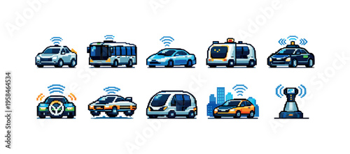 Collection of pixel art icons representing various autonomous vehicles and smart city technology
