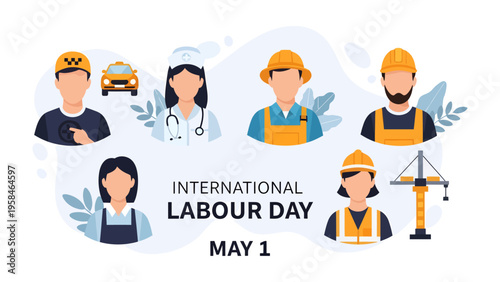 International Labour Day Celebration: A diverse group of worker illustrations symbolizes the unity and strength of labour worldwide on International Labour Day.