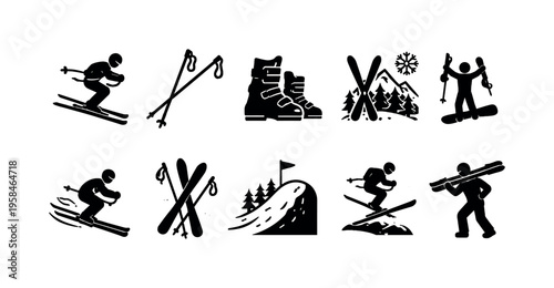 Collection of winter sport icons featuring skiing and snowboarding activities