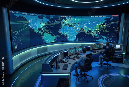 Circular Network Operations Command Center with 270-Degree Display Wall Showing Real-Time Global Network Topology Map for Enterprise Infrastructure Control