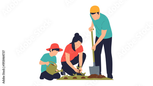 Family Gardening: A family working together in a garden, enjoying the process of planting and nurturing life. A symbol of unity, growth, and the joys of shared experiences.