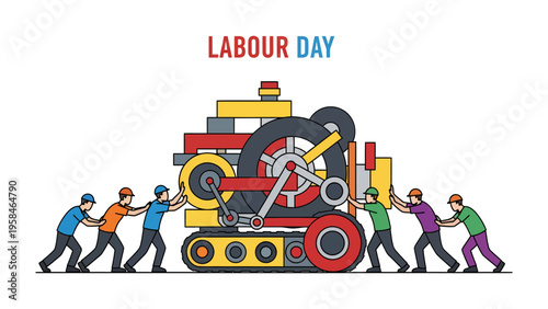 Labor Day's collective Strength: A collaborative effort of workers, united in pushing a mechanical structure, embodies the spirit of Labor Day, symbolizing strength and solidarity