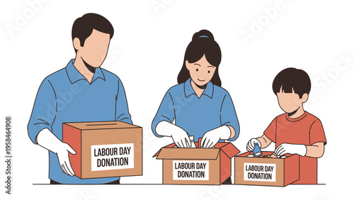 Labor Day Donation: A family unites in a heartfelt gesture of service, packing boxes with donations during Labor Day, a testament to community spirit and charitable action.