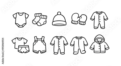 Collection of simple line art icons representing baby clothing and accessories