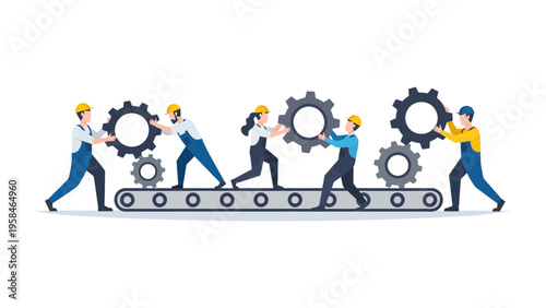 Teamwork and Collaboration: A group of individuals works together to assemble gears on an industrial conveyor belt, symbolizing collaboration and the building of a complex system. 