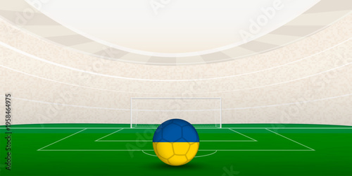 Ukrainian Football Stadium with National Flag Soccer Ball. 