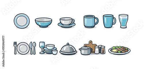 Collection of illustrated kitchenware and food items for culinary design