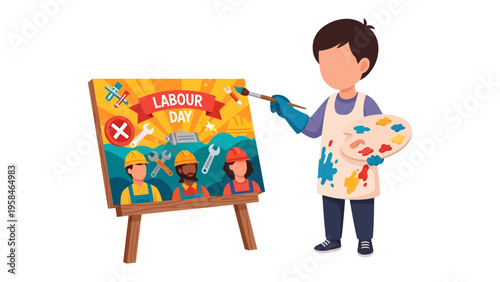 Labour Day Artwork: A young artist passionately paints a vibrant canvas, celebrating labor day. The painting features labor day message and related symbols like wrench, gears, hard hats etc.