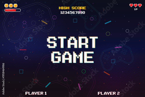 START GAME. Retro Futurism Sci-Fi Background. glowing neon grid and star from vintage arcade computer games