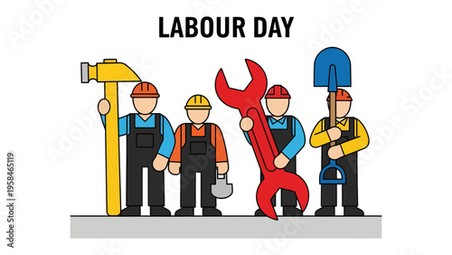 Labour Day Celebration: A vibrant illustration that celebrates Labour Day, showcasing a group of construction workers with their tools, embodying the spirit of labor and hard work.