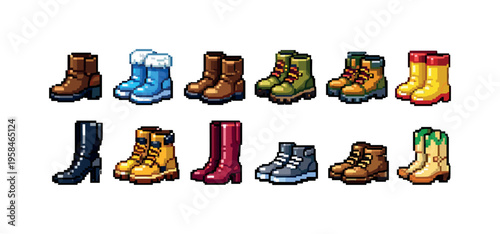Collection of pixel art boots in various styles and colors on a white background