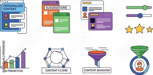 AI Content Personalization and Recommendation Icon Set with Filters Ratings Prediction and User Behavior Elements Isolated on White Background for Digital Marketing Design
