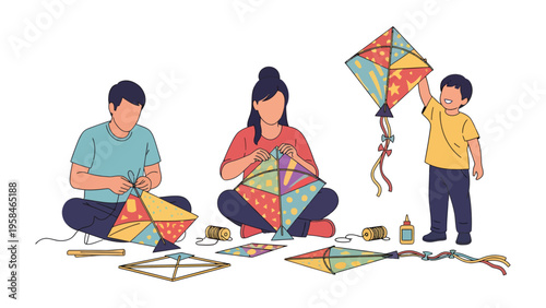 Kite-Making Family: A family engaged in the joyful craft of kite making, bonding together as they construct and share moments of creative fun and the anticipation of flight.