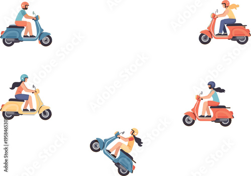 Flat vector illustration set of diverse young men and women riding colorful retro motor scooters wearing safety helmets isolated
