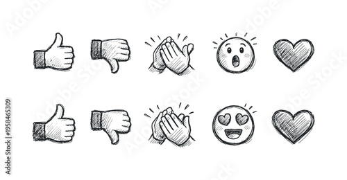Hand-drawn social media reaction icons: thumbs up, thumbs down, clapping, emoji, and heart