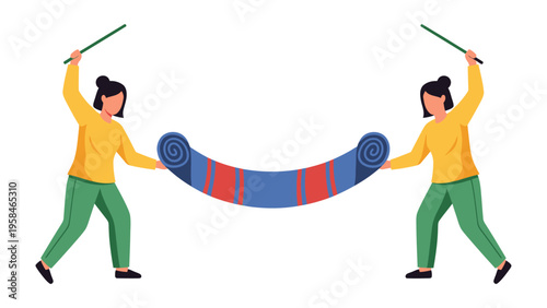 Collaborative Harmony: Two figures demonstrate seamless coordination, their actions intertwining as they gracefully manage a draped carpet, symbolizing partnership and cooperation.