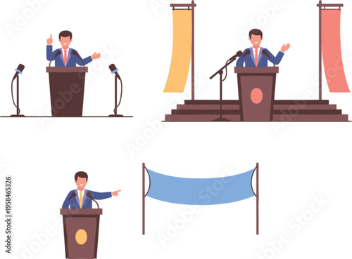 Male politician or business speaker giving a passionate speech at a podium with microphones and promotional banners illustration