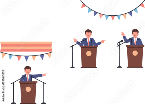 Male politician giving a speech at a podium with microphones and festive bunting flags for election campaigns and public events
