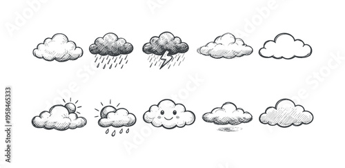 Collection of hand-drawn cloud icons representing different weather conditions and moods