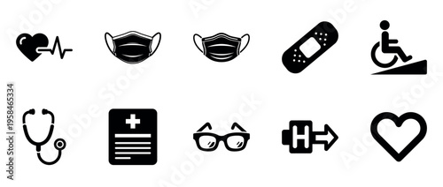 Healthcare icons showing protective items and accessibility on white background