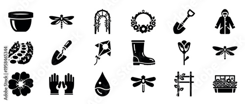 Garden supply and insect icons arranged on white background