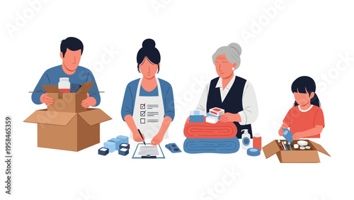 Community of compassion: A group of volunteers collaboratively pack supplies, embodying the spirit of charity and togetherness. They are focused and dedicated to making a difference