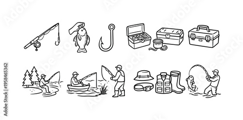 Collection of fishing icons and illustrations depicting anglers and gear