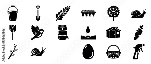 Gardening icons depicting tools and plants on white background