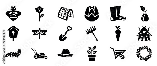 Garden tools and insects icons arranged on white background