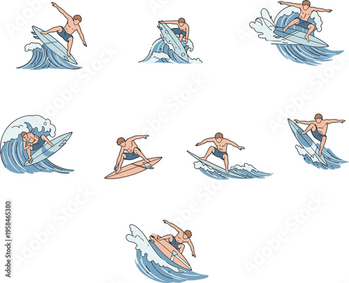Flat vector illustration set of young male surfers performing dynamic maneuvers and riding large blue ocean waves on surfboards