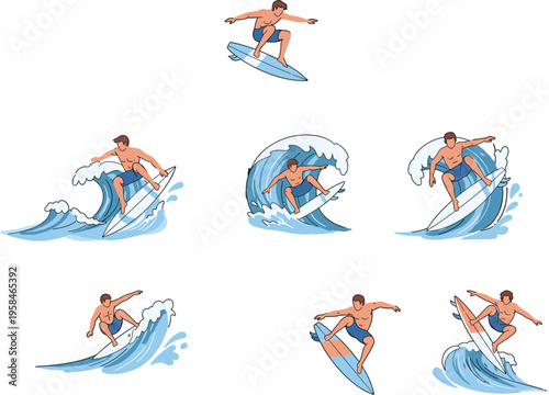 set of athletic male surfers riding powerful blue ocean waves performing dynamic maneuvers on surfboards