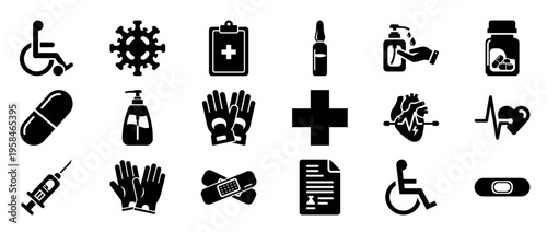Medical icons representing healthcare tools on white background