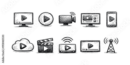 Collection of hand-drawn icons representing video playback and broadcasting technologies